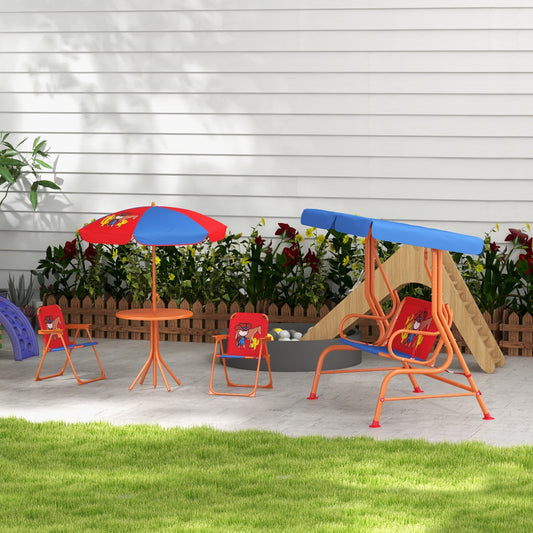 Outsunny 4 Piece Kids Garden Furniture Set with Adjustable Canopy, Cowboy Themed, Kids Garden Table and Chair Set and Double Seat Swing Chair for Patio Park Porch, for Ages 3-6 Years - Red and Blue