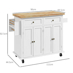 HOMCOM Rolling Kitchen Island Storage Trolley with Rubber Wood Top & Drawers for Dining Room, White