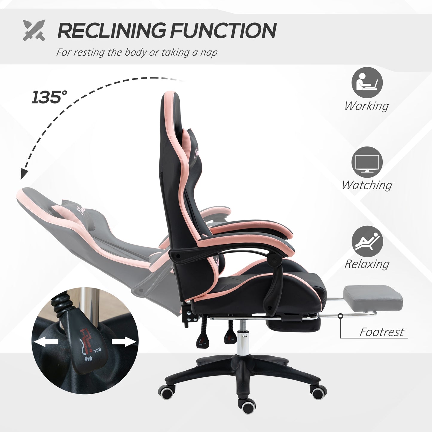 Vinsetto Computer Gaming Chair, PU Leather Desk Chair with Footrest, Swivel Task Chair with 135√Ç¬∞ Reclining Back and Lumbar Support, PC Chair for Adults, Black and Pink