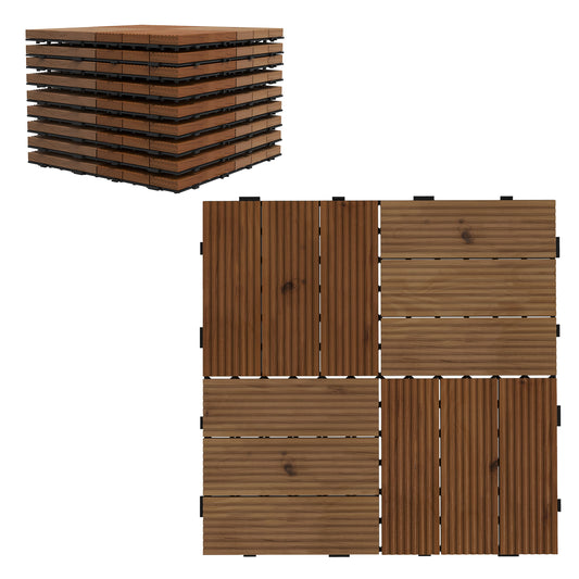 Outsunny 9 Pcs Garden Decking Tiles Wooden Outdoor Flooring Tiles for Patio, Balcony, Terrace, Hot Tub, Brown