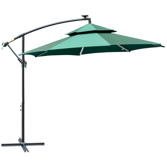 Outsunny 3(m) Cantilever Banana Parasol Hanging Umbrella with Double Roof, LED Solar lights, Crank, 8 Sturdy Ribs and Cross Base for Outdoor, Garden, Patio, Green