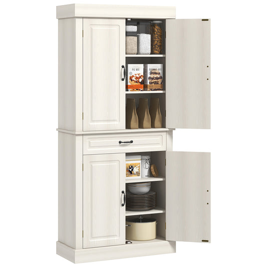 HOMCOM Kitchen Cupboard with 4 Doors, Freestanding Storage Cabinet with Wide Drawer and Shelves for Living Room, 180cm, White Wood Grain