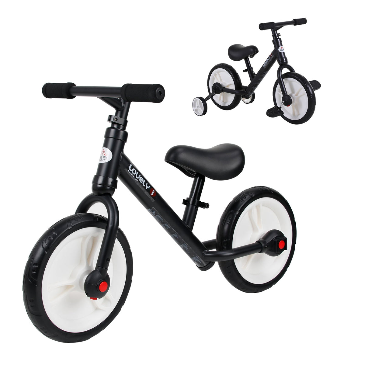 HOMCOM 11 Inch Kids Balance Bike Training Pedal Bicycle W/ Removable Stabilizers EVA Tyres Adjustable Seat Height 2 to 5 Years Gift for Boys Girls Black