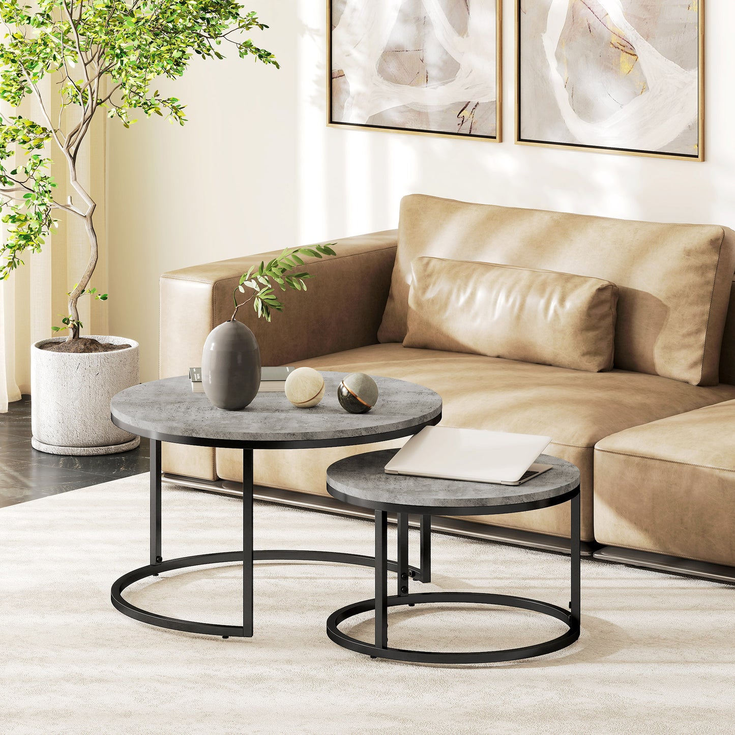 HOMCOM Set of Two Marble-Effect Stacking Tables - Grey/Black
