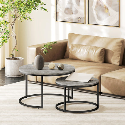 HOMCOM Set of Two Marble-Effect Stacking Tables - Grey/Black
