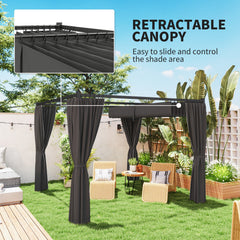 Outsunny 3 x 3(m) Retractable Pergola, Garden Gazebo Shelter with Curtains, for Grill, Patio, Deck, Charcoal Grey