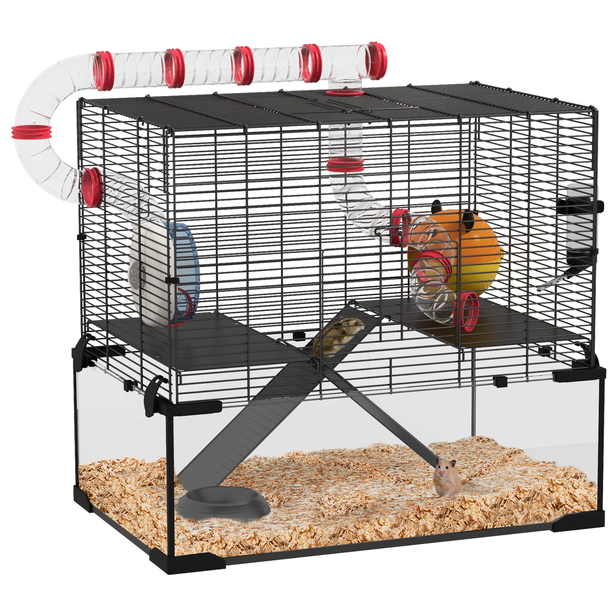 PawHut Gerbil Cage Dwarf Hamster Cage, with Deep Glass Bottom, Tunnels, Hut, Exercise Wheel, 60 x 40 x 57cm