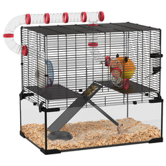 PawHut Gerbil Cage Dwarf Hamster Cage, with Deep Glass Bottom, Tunnels, Hut, Exercise Wheel, 60 x 40 x 57cm