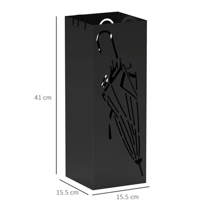 HOMCOM Metal Umbrella Stand, Square Umbrella Holder with 4 Hooks and Removable Drip Tray, Decorative Umbrella Storage Rack for Entryway, Hallway, 15.5 x 15.5 x 41 cm, Black
