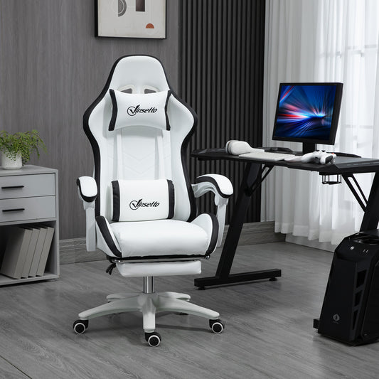 Vinsetto Computer Gaming Chair, PU Leather Desk Chair with Footrest, Swivel Task Chair with 135√Ç¬∞ Reclining Back and Lumbar Support, PC Chair for Adults, White and Black