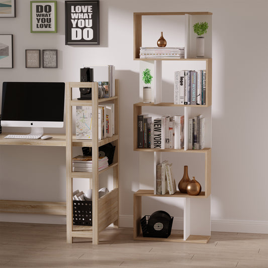 HOMCOM Bookcase, S-Shaped Wooden Bookshelf, 5/6 Tiers Freestanding Storage Shelf, Home Office Decorative Display Stand Rack, Oak and White, 24D x 60W x 184.5H