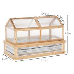 Outsunny Raised Garden Bed with Greenhouse Top, Garden Wooden Cold Frame Greenhouse Flower Planter Protection with 2 Independent Roofs, 122x 61 x 82cm, Natural