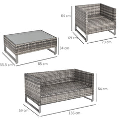 Outsunny 4 Pieces PE Rattan Garden Furniture with Cushion, Outdoor Wicker Conservatory Sofa Set w/ Armchairs, Loveseat, Glass Top Coffee Table, Dark Drey