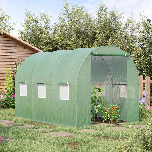 Outsunny Walk-in Polytunnel Greenhouse, Outdoor Garden Tunnel Greenhouse Tent with Zipped Roll-Up Door and 6 Mesh Windows, 3 x 2M