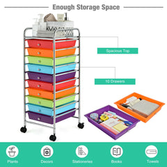 10 Drawers Mobile Storage Trolley with 4 Wheels for Beauty-Rainbow