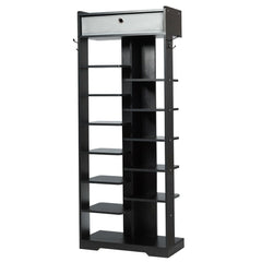 7+6 Tier Wooden Shoe Rack with Drawer and Hooks-Black