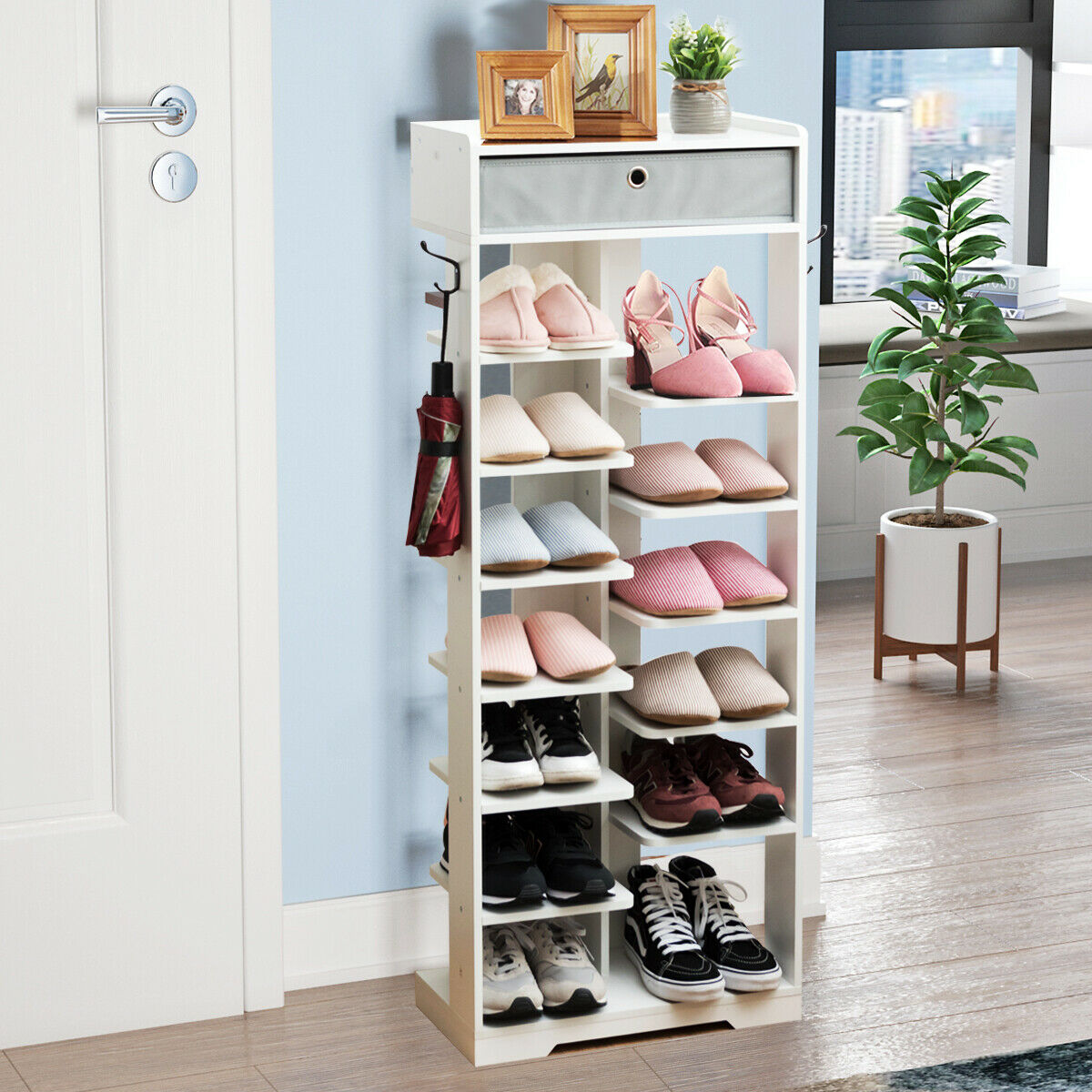 7+6 Tier Wooden Shoe Rack with Drawer and Hooks-White