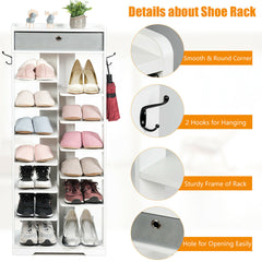 7+6 Tier Wooden Shoe Rack with Drawer and Hooks-White