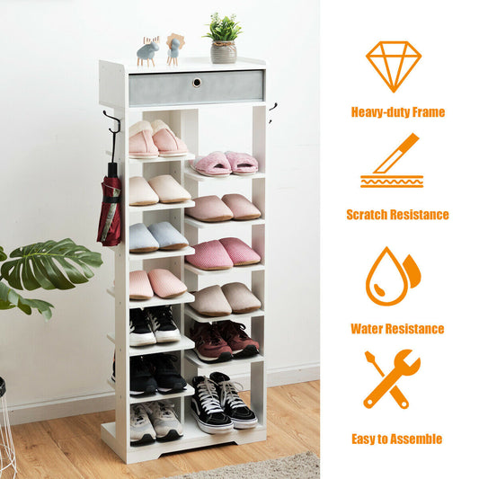 7+6 Tier Wooden Shoe Rack with Drawer and Hooks-White