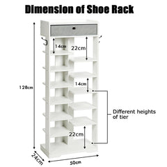 7+6 Tier Wooden Shoe Rack with Drawer and Hooks-White