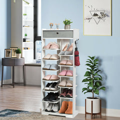 7+6 Tier Wooden Shoe Rack with Drawer and Hooks-White