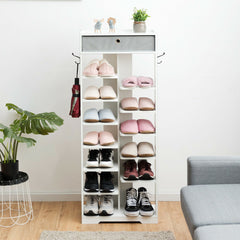 7+6 Tier Wooden Shoe Rack with Drawer and Hooks-White