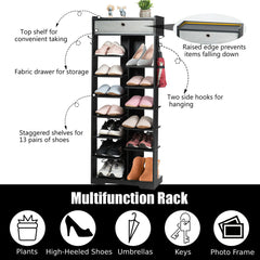 7+6 Tier Wooden Shoe Rack with Drawer and Hooks-Black