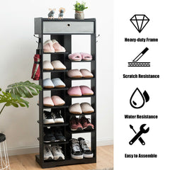 7+6 Tier Wooden Shoe Rack with Drawer and Hooks-Black