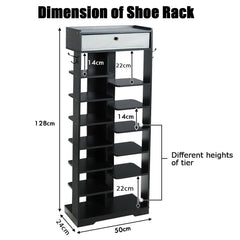 7+6 Tier Wooden Shoe Rack with Drawer and Hooks-Black