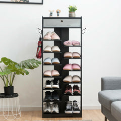 7+6 Tier Wooden Shoe Rack with Drawer and Hooks-Black