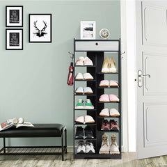 7+6 Tier Wooden Shoe Rack with Drawer and Hooks-Black