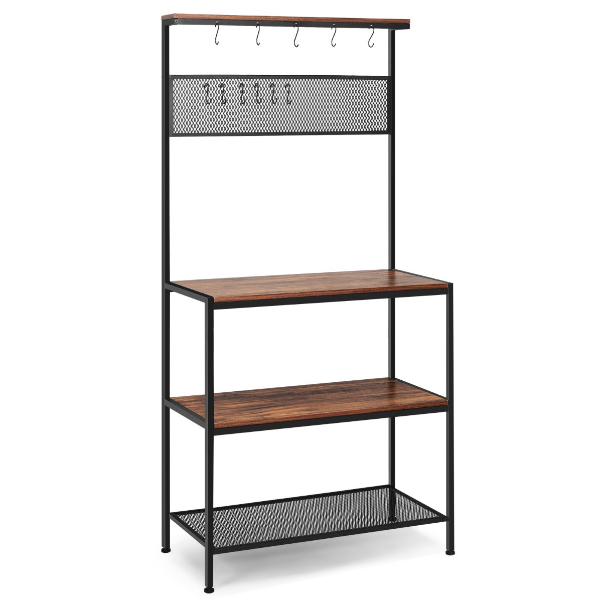 Microwave Oven Stand Organizer with Hooks and Open Shelves