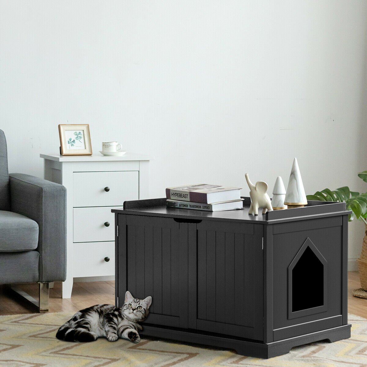 Large Cat Litter Box with Double Doors and Removable Divider-Black