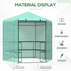 Outsunny Hexagon Walk In Greenhouse with Shelves, Outdoor Green House Grow House with Waterproof PE Cover and Roll-up Door, 228 x 196 x 215 cm, Green