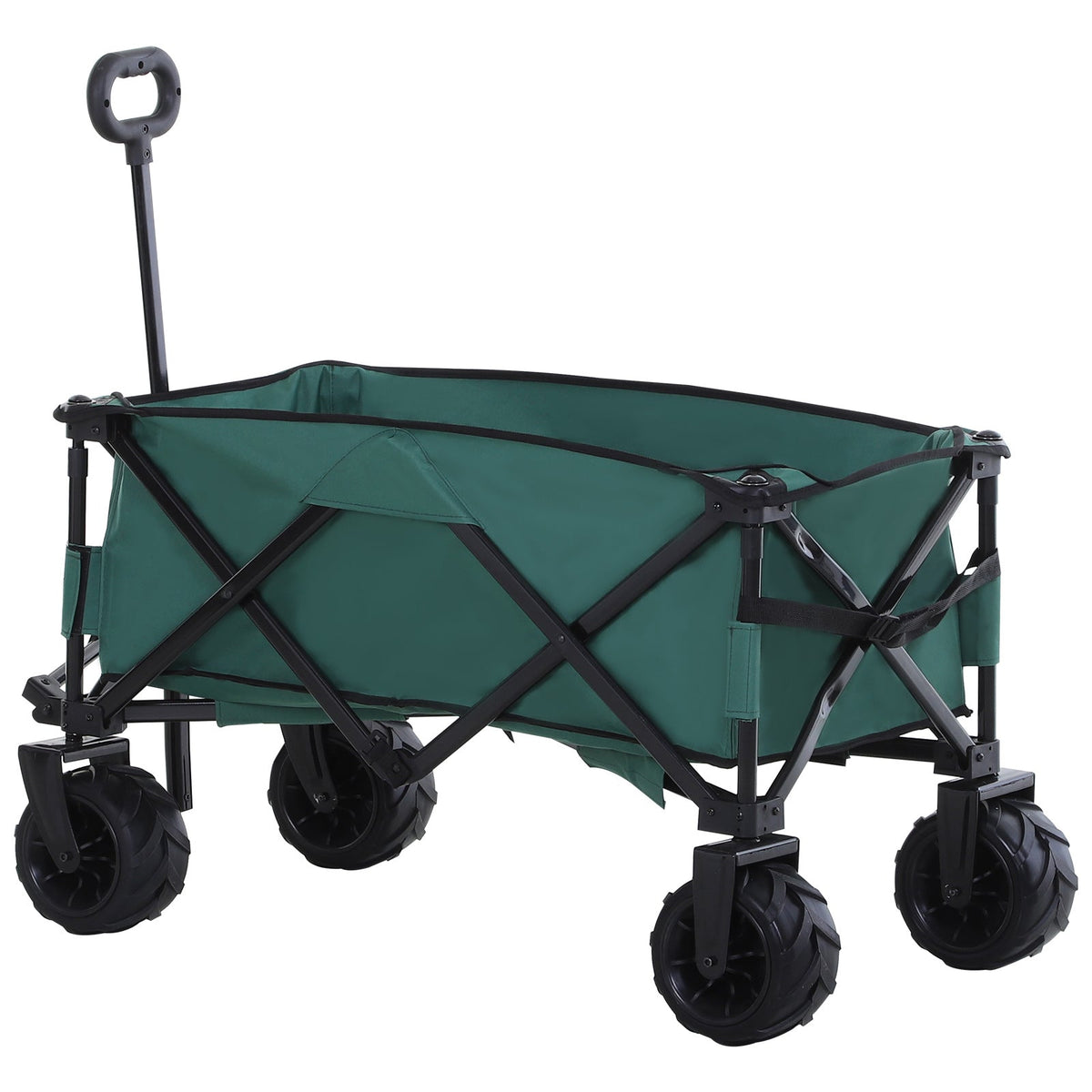 Outsunny Outdoor Folding Garden Trolley on Wheels, Pull Along Camping Cart, Cargo Wagon Trailer with Telescopic Handle, Big Wheels for Beach Garden, Green