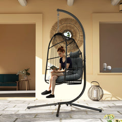 Outsunny Hanging Egg Chair Outdoor Indoor Rattan Swing Chair with Installation Kit, Foldable Garden Hanging Seat with Thickened Cushion, Headrest, Dark Grey