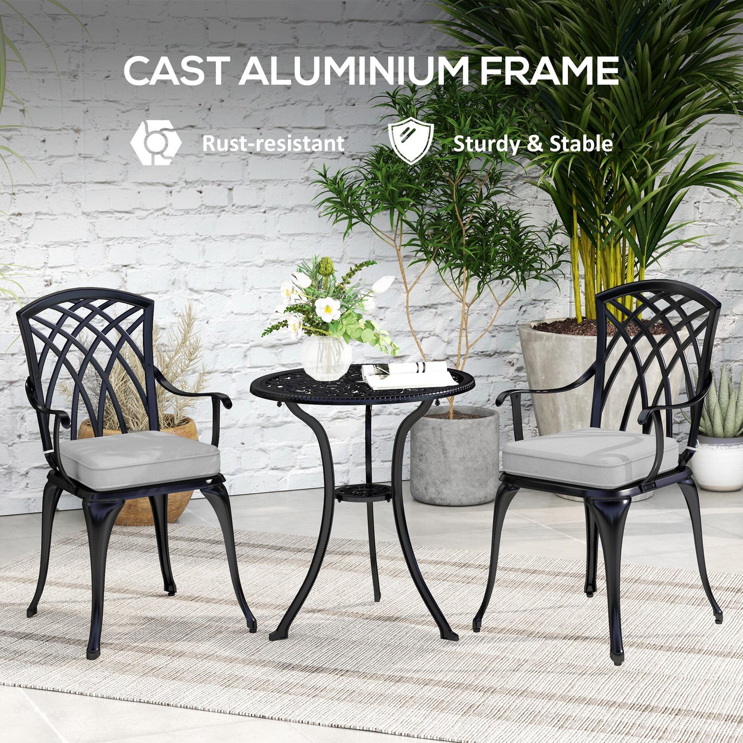 Outsunny 3 Piece Cast Aluminium Garden Bistro Set for 2, Outdoor Coffee Table Set Rust Resistant with Parasol Hole, Cushions, Patio Table and Chairs for Garden, Balcony, Black
