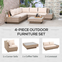 Outsunny 4 PCs Rattan Garden Furniture Outdoor Sectional Corner Sofa and Coffee Table Set Conservatory Wicker Weave Furniture with Armrest and Cushions - Beige