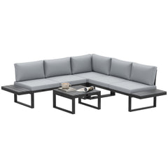 Outsunny 4 Pieces Patio Garden Set with 5-Level Recline Corner Sofa, Outdoor Garden Lounge Sectional Conversation Sofa Set with Cushions, Wood Grain Plastic Table, Black Frame Light Grey Cushion