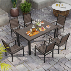 Outsunny 6 Seater Garden Dining Set with Stackable Chairs, Aluminium Frame, Rectangular Plastic Top, Garden Furniture Set, Outdoor Dining Table and Chairs for Patio, Balcony, Poolside, Brown