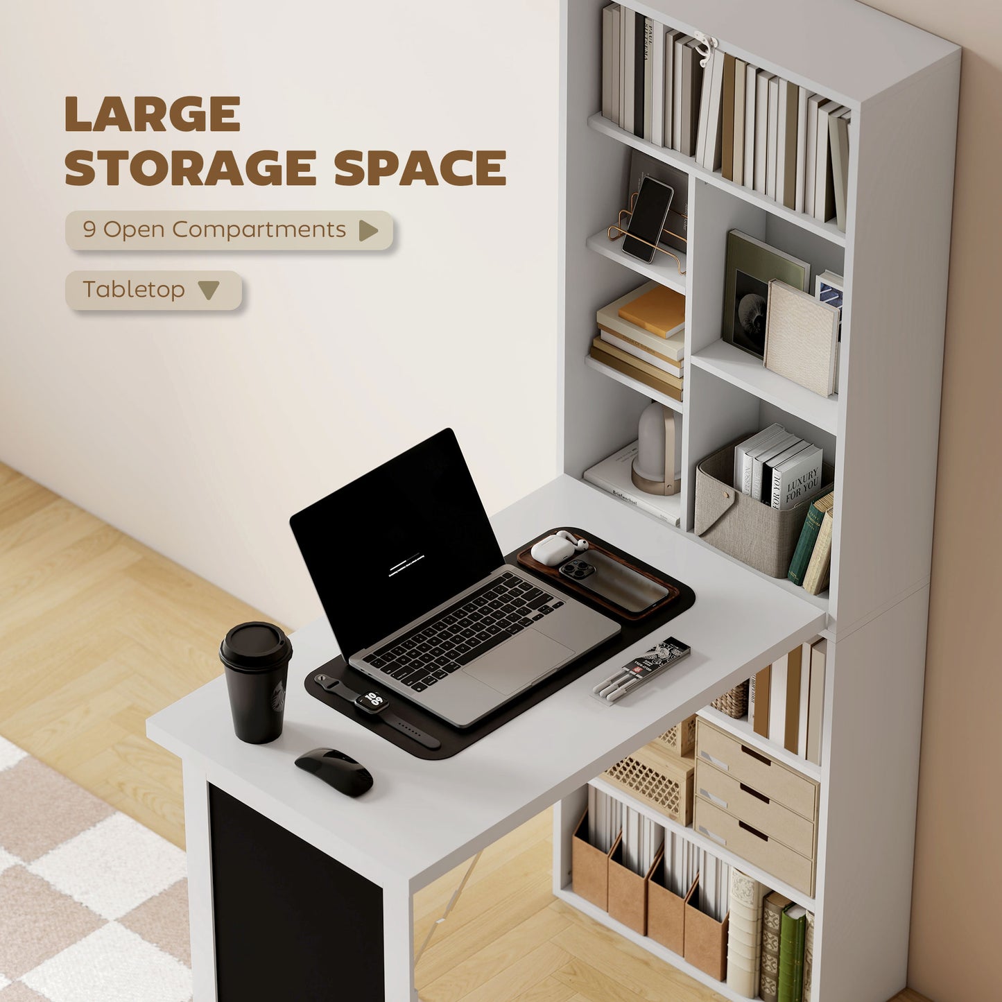 HOMCOM Wall Mounted Computer Desk, Folding Study Table with Black Board and Bookshelf, Multifunctional Floating Writing Desk for Home Office, White