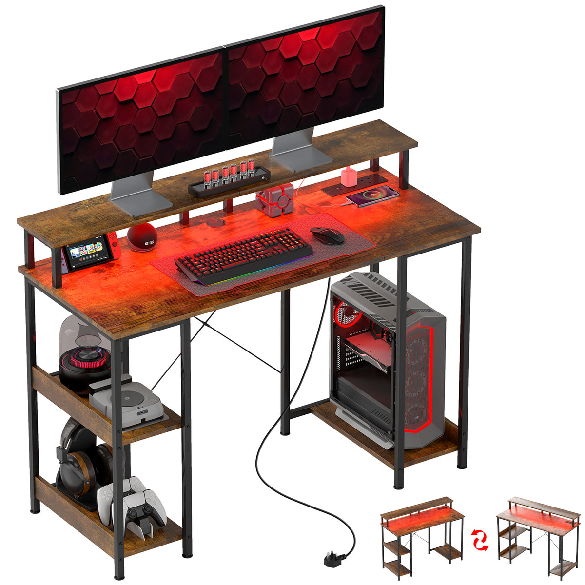 HOMCOM Computer Desk with Power Outlets and LED Lights, 120 x 50cm Reversible Home Office Desk with Monitor Stand and 2-Tier Storage Shelves, Gaming Desk with Cable Management, Rustic Brown