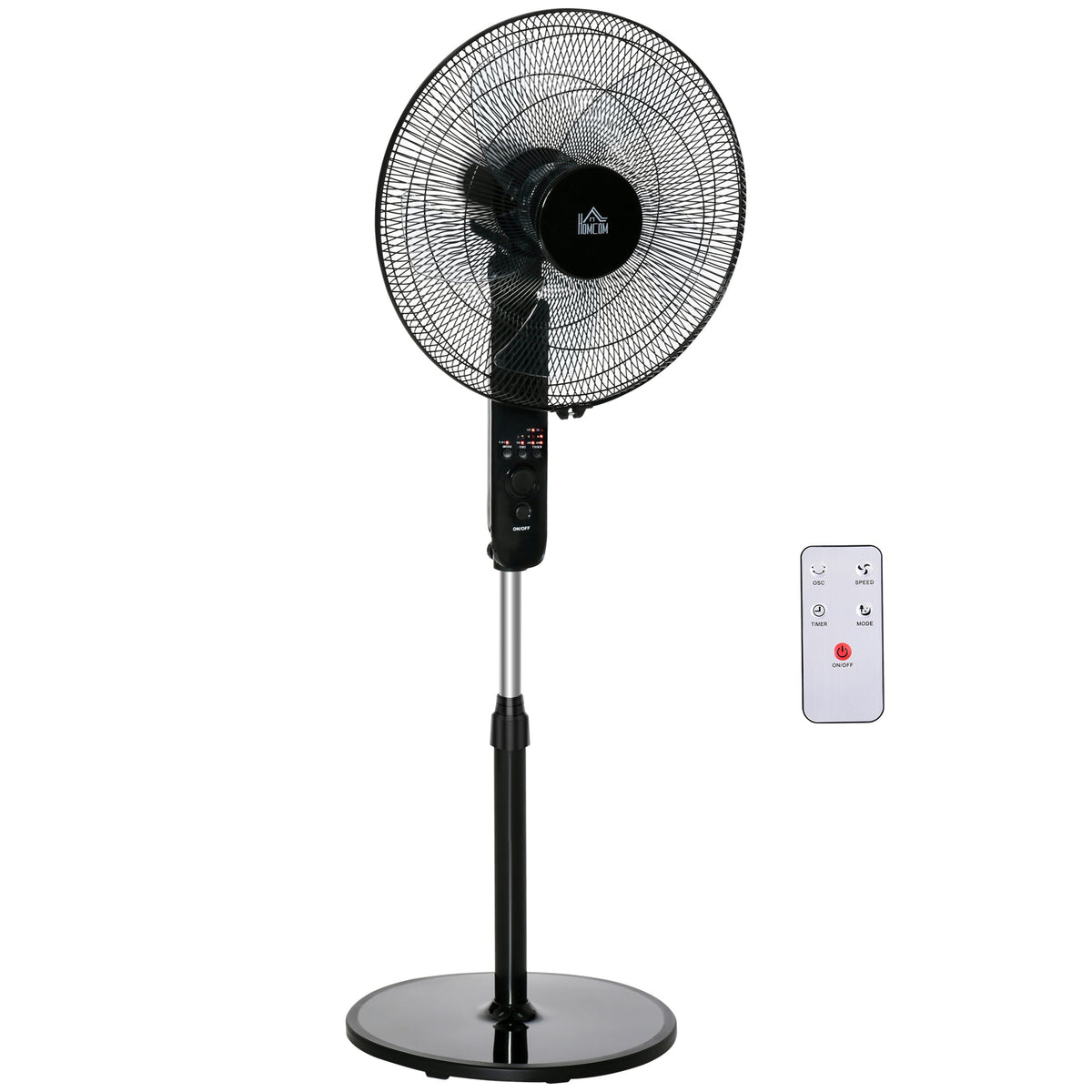 HOMCOM 18" Pedestal Fan, Oscillating Standing Fan with Remote Control, Floor Fan with Adjustable Height, 3 Speed, 7.5-Hour Timer, Black