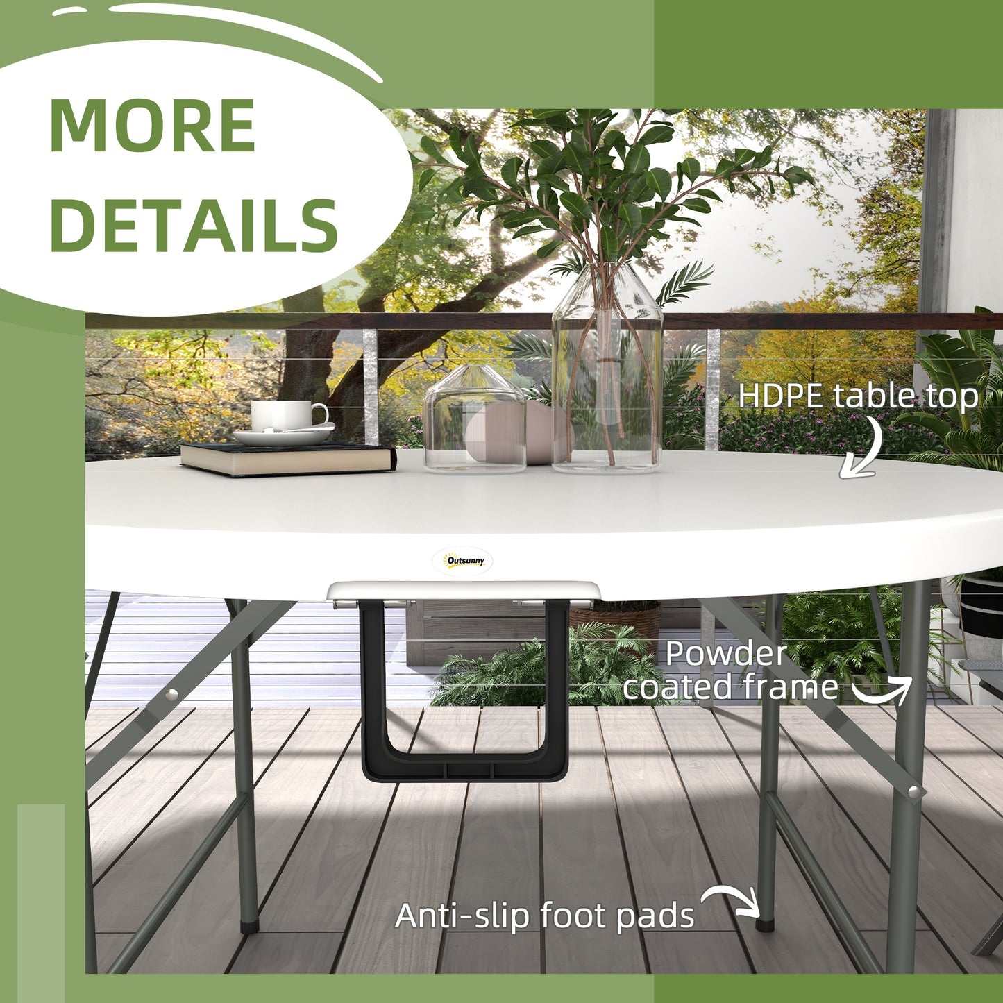 Outsunny Folding Garden Table, 122 cm Round HDPE Outdoor Picnic Table for 6, Metal Frame for Patio, Park, White