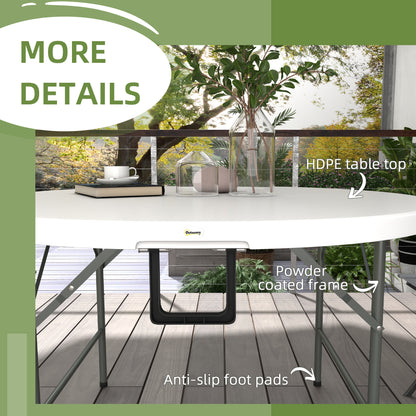 Outsunny Folding Garden Table, 122 cm Round HDPE Outdoor Picnic Table for 6, Metal Frame for Patio, Park, White