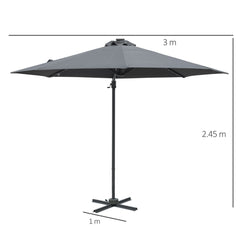 Outsunny 3(m) Cantilever Roma Parasol Patio Sun Umbrella with Crank & Tilt LED Solar Light Cross Base 360√Ç¬∞ Rotating Outdoor, Dark Grey