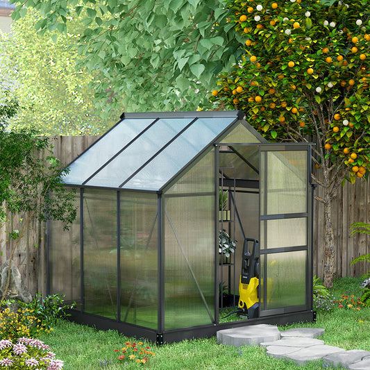 Outsunny 6 x 6ft Polycarbonate Greenhouse, Large Walk-In Green House with Slide Door and Window, Garden Plants Grow House with Aluminium Frame and Foundation, Grey