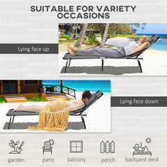 Outsunny Outdoor Foldable Sun Lounger Set of 2, 4 Level Adjustable Backrest Reclining Sun Lounger Chair with Pillow and Reading Hole, Dark Grey