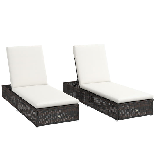 Outsunny Set of Two Rattan Sun Loungers, with Reclining Backs - Brown/Cream