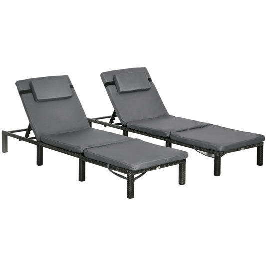 Outsunny Set of Two Reclining Rattan Sun Loungers, with Cushions - Grey